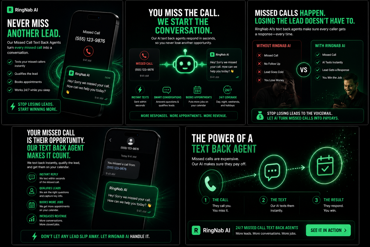 RingNab missed-call text back concept visuals for lead response and conversion